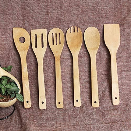 6 Piece Wooden Cooking Utensils, Natural Bamboo Nonstick Kitchen Spoons Spatula Sets for Cooking.