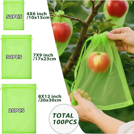 Fruit Protection Bags 100 pcs, Reusable Mesh Bags for Fruit Trees 3-Size, Breathable Covers to Protect Fruits from Pests & Birds(Green).