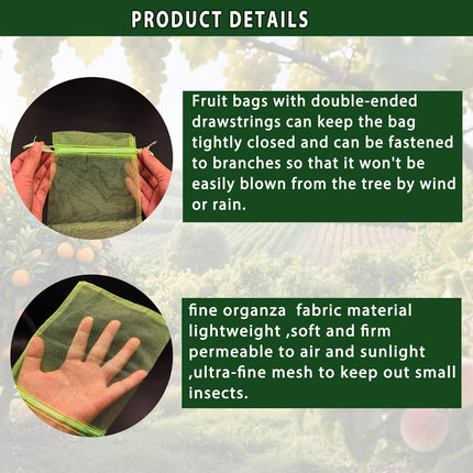 Fruit Protection Bags 100 pcs, Reusable Mesh Bags for Fruit Trees 3-Size, Breathable Covers to Protect Fruits from Pests & Birds(Green).