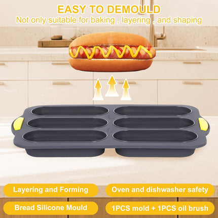 Silicone Baguette Pan, Hot Dog Bun Pan with Oil Brush, 6 Gutter Nonstick French Bread Bake Mold, French Bread Loaf Pan for Hot Dog Bun Rolls Cake, Heat Resistant, Dishwasher Safe (Gray).