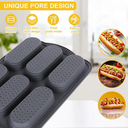 Silicone Baguette Pan, Hot Dog Bun Pan with Oil Brush, 6 Gutter Nonstick French Bread Bake Mold, French Bread Loaf Pan for Hot Dog Bun Rolls Cake, Heat Resistant, Dishwasher Safe (Gray).