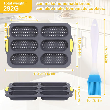 Silicone Baguette Pan, Hot Dog Bun Pan with Oil Brush, 6 Gutter Nonstick French Bread Bake Mold, French Bread Loaf Pan for Hot Dog Bun Rolls Cake, Heat Resistant, Dishwasher Safe (Gray).