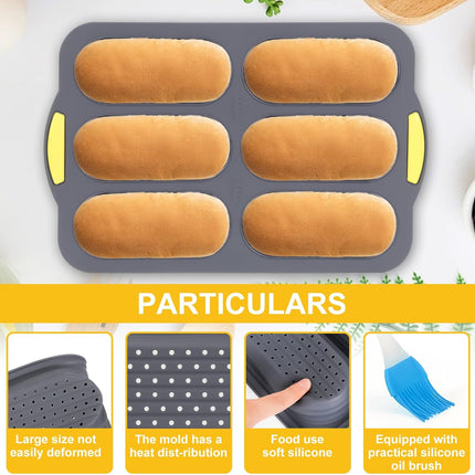 Silicone Baguette Pan, Hot Dog Bun Pan with Oil Brush, 6 Gutter Nonstick French Bread Bake Mold, French Bread Loaf Pan for Hot Dog Bun Rolls Cake, Heat Resistant, Dishwasher Safe (Gray).