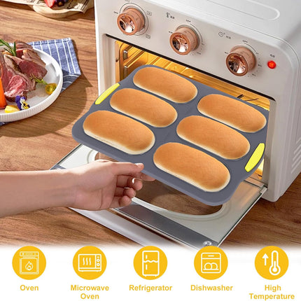 Silicone Baguette Pan, Hot Dog Bun Pan with Oil Brush, 6 Gutter Nonstick French Bread Bake Mold, French Bread Loaf Pan for Hot Dog Bun Rolls Cake, Heat Resistant, Dishwasher Safe (Gray).