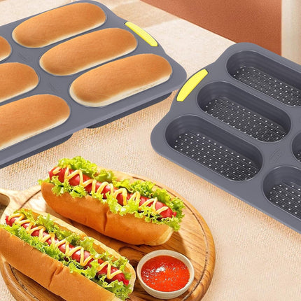 Silicone Baguette Pan, Hot Dog Bun Pan with Oil Brush, 6 Gutter Nonstick French Bread Bake Mold, French Bread Loaf Pan for Hot Dog Bun Rolls Cake, Heat Resistant, Dishwasher Safe (Gray).