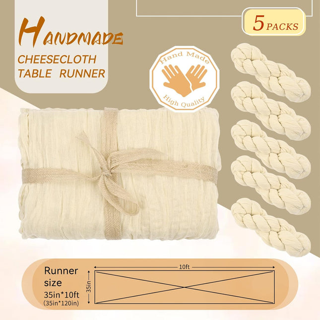 5 Packs 10Ft Ivory Cheesecloth Table Runner, 35" x 120" Rustic Gauze Boho Wedding Table Runner Decorations.