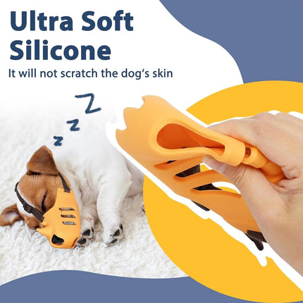 Silicone Dog Muzzle, Soft Muzzle for Small Medium Dogs, Breathable Silicone Cage Mouth Cover for Poodle Dachshund to Prevent Biting and Chewing Adjustable Head Strap (S,Orange).