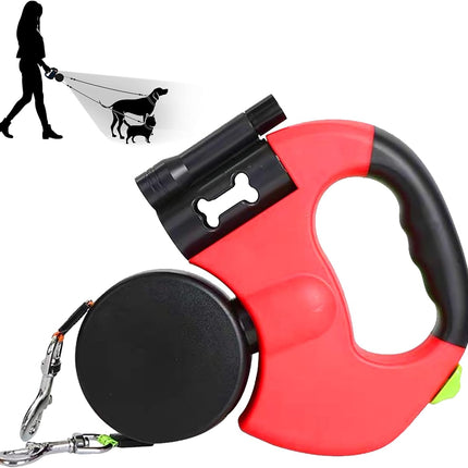 Double Head 10 ft Retractable Dog Leash with Integrated Waste Bag Dispenser Flashlight 360°Tangle Free Anti-Slip Handle Reflective Nylon Tape One Button Brake(Small Medium Dog Up to 15 kg,Red).