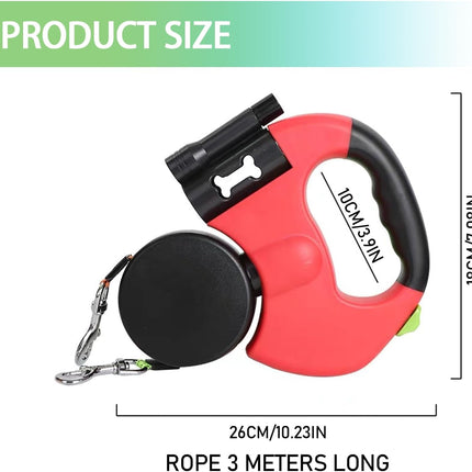 Double Head 10 ft Retractable Dog Leash with Integrated Waste Bag Dispenser Flashlight 360°Tangle Free Anti-Slip Handle Reflective Nylon Tape One Button Brake(Small Medium Dog Up to 15 kg,Red).