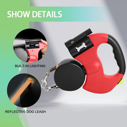 Double Head 10 ft Retractable Dog Leash with Integrated Waste Bag Dispenser Flashlight 360°Tangle Free Anti-Slip Handle Reflective Nylon Tape One Button Brake(Small Medium Dog Up to 15 kg,Red).