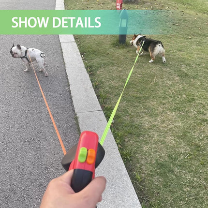 Double Head 10 ft Retractable Dog Leash with Integrated Waste Bag Dispenser Flashlight 360°Tangle Free Anti-Slip Handle Reflective Nylon Tape One Button Brake(Small Medium Dog Up to 15 kg,Red).