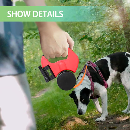 Double Head 10 ft Retractable Dog Leash with Integrated Waste Bag Dispenser Flashlight 360°Tangle Free Anti-Slip Handle Reflective Nylon Tape One Button Brake(Small Medium Dog Up to 15 kg,Red).
