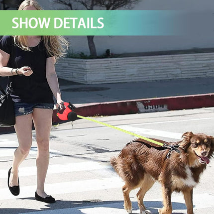 Double Head 10 ft Retractable Dog Leash with Integrated Waste Bag Dispenser Flashlight 360°Tangle Free Anti-Slip Handle Reflective Nylon Tape One Button Brake(Small Medium Dog Up to 15 kg,Red).