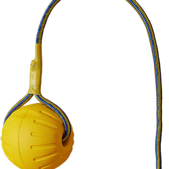 Dog Ball on Rope 3 Inch Rubber Ball on Rope Dog Toy Interactive Training Yellow Color Portable Teething Toys for Reward, Fetch, Play.