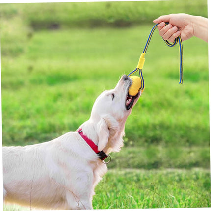 Dog Ball on Rope 3 Inch Rubber Ball on Rope Dog Toy Interactive Training Yellow Color Portable Teething Toys for Reward, Fetch, Play.
