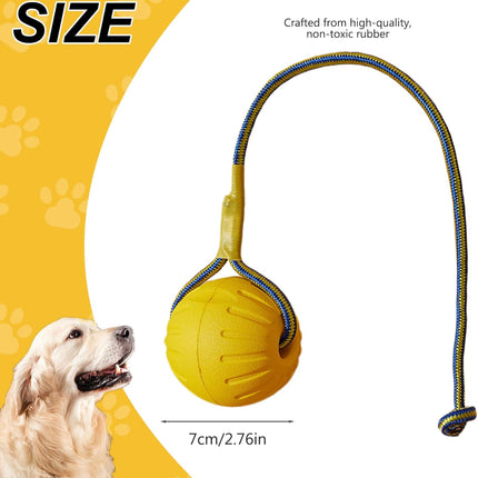 Dog Ball on Rope 3 Inch Rubber Ball on Rope Dog Toy Interactive Training Yellow Color Portable Teething Toys for Reward, Fetch, Play.