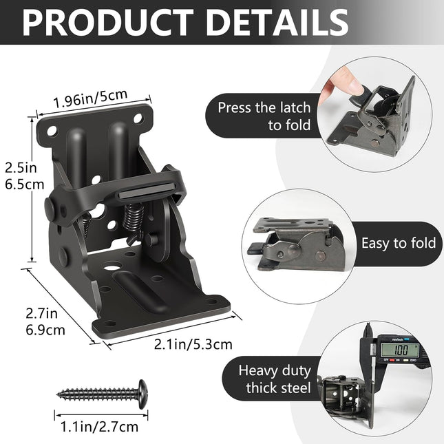 4 Pack Folding Brackets, Self-Lock Hinge with Screws for Folding Table Legs, Lock Extension Support Bracket Bed Legs, Black.
