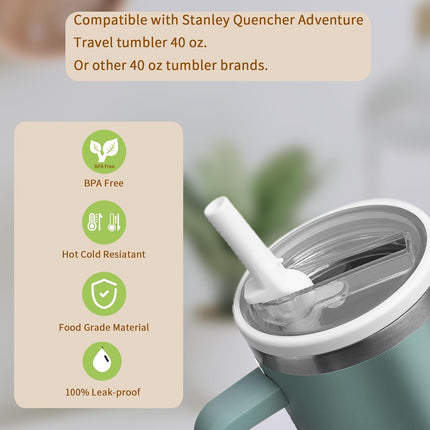 40 oz Flip Straw Lid Replacement for Stanley Tumbler, 2 Pack Spill Proof Leakproof Tumbler Lid Fit for Stanley Quencher H2.0 Cup Adventure Quencher, No Spill Cup Lids Covers with Straw- Cream.