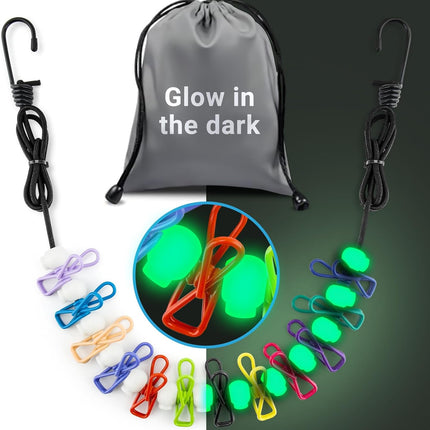 Retractable Travel Clothesline - Glow in The Dark Portable Clothes Line - 7.5ft/2.2m Camping Clotheslines for Outside, Hotel Room or Cruise - Laundry Line, Clothes Drying Line, Clothing Line Outdoor.