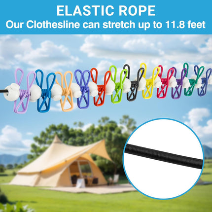 Retractable Travel Clothesline - Glow in The Dark Portable Clothes Line - 7.5ft/2.2m Camping Clotheslines for Outside, Hotel Room or Cruise - Laundry Line, Clothes Drying Line, Clothing Line Outdoor.