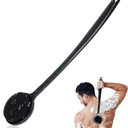 Silicone Back Scrubber for Shower, 17in Lengthen Long Handle Body Brush, Double Sided Shower Brush for Shower Exfoliating and Massage Can Produce Rich Foam, Long Handle Back Scrubber for Men and Women (Carbon black).