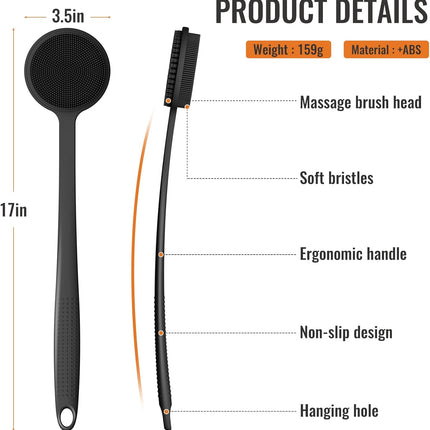 Silicone Back Scrubber for Shower, 17in Lengthen Long Handle Body Brush, Double Sided Shower Brush for Shower Exfoliating and Massage Can Produce Rich Foam, Long Handle Back Scrubber for Men and Women (Carbon black).