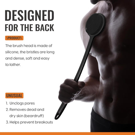 Silicone Back Scrubber for Shower, 17in Lengthen Long Handle Body Brush, Double Sided Shower Brush for Shower Exfoliating and Massage Can Produce Rich Foam, Long Handle Back Scrubber for Men and Women (Carbon black).