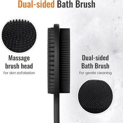Silicone Back Scrubber for Shower, 17in Lengthen Long Handle Body Brush, Double Sided Shower Brush for Shower Exfoliating and Massage Can Produce Rich Foam, Long Handle Back Scrubber for Men and Women (Carbon black).