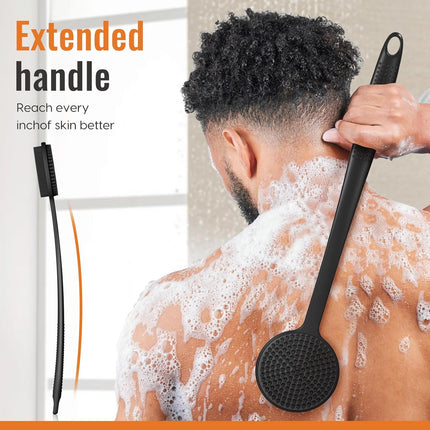 Silicone Back Scrubber for Shower, 17in Lengthen Long Handle Body Brush, Double Sided Shower Brush for Shower Exfoliating and Massage Can Produce Rich Foam, Long Handle Back Scrubber for Men and Women (Carbon black).