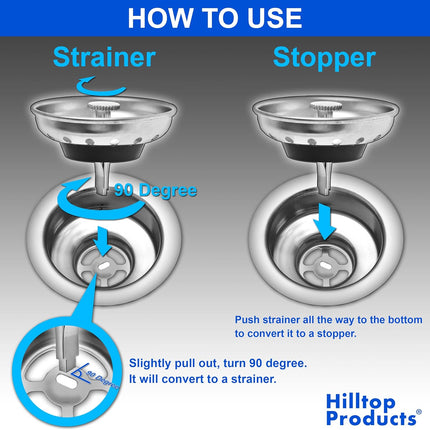 2 Pack - Kitchen Sink Strainer and Stopper Combo Basket Replacement for Standard 3-1/2 inch Drain, Stainless Steel Basket with Plastic Knob, Rubber Stopper Bottom -.
