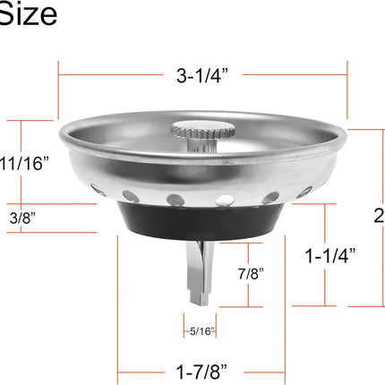 2 Pack - Kitchen Sink Strainer and Stopper Combo Basket Replacement for Standard 3-1/2 inch Drain, Stainless Steel Basket with Plastic Knob, Rubber Stopper Bottom -.