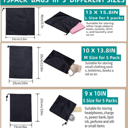 Drawstring Bag String Bag - 15Packs 3Sizes Nylon Cinch Ditty Stuff Pouch with Toggle for Gym, Luggage, Storage, Shoes, Travel.