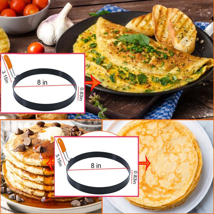 Large 2 Packs 8" Omelette Ring for Griddle,Stainless Steel 8 Inch Griddle Omelet Rings,Non-Stick Pancake Egg Ring Round Omelette Rings Omelet Mold Muffin Mold Silicone Handle.
