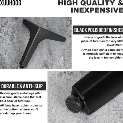6 Inch Metal Furniture Legs - Set of 4 Modern Iron Diamond Triangle Feet, Black, for Sofa, Cabinet, Chair, Bed, and More.