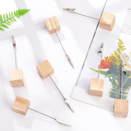 12 Pcs Wooden Memo Clips Holder Table Numbers Place Card Holders Lightweight Wood Cube Base, Memo Photo Picture Paper Note Clip with Alligator Clip Clasp for Displaying Number Cardsr.