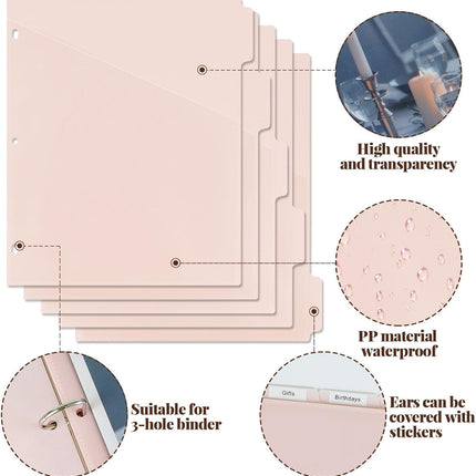 A4 Binder Pockets Dividers with Pockets Plastic 6-Ring Binder Divider Bags, Sturdy 3 Holes 5-Tab Dividers Inserts for Journal, Loose Leaf Planner Office, School and Home Supplies (A4-Pink).