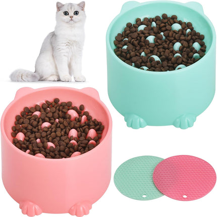 2-Pack Slow Feeder Cat Bowls, Raised Elevated Design with Anti-Slip Base & Ergonomic Neck Relief - Durable Plastic Pet Food Dishes (Pink & Green).