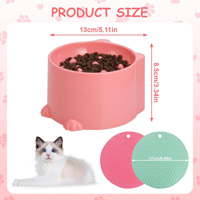 2-Pack Slow Feeder Cat Bowls, Raised Elevated Design with Anti-Slip Base & Ergonomic Neck Relief - Durable Plastic Pet Food Dishes (Pink & Green).
