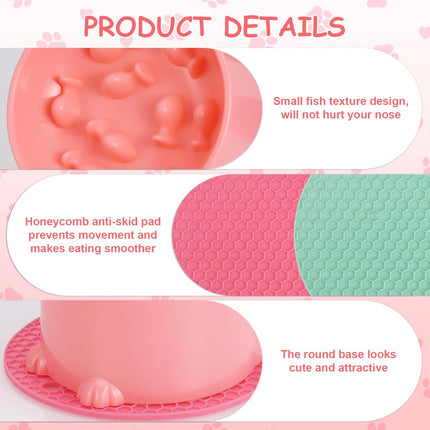 2-Pack Slow Feeder Cat Bowls, Raised Elevated Design with Anti-Slip Base & Ergonomic Neck Relief - Durable Plastic Pet Food Dishes (Pink & Green).