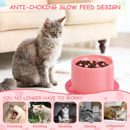 2-Pack Slow Feeder Cat Bowls, Raised Elevated Design with Anti-Slip Base & Ergonomic Neck Relief - Durable Plastic Pet Food Dishes (Pink & Green).