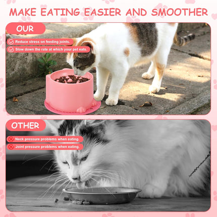 2-Pack Slow Feeder Cat Bowls, Raised Elevated Design with Anti-Slip Base & Ergonomic Neck Relief - Durable Plastic Pet Food Dishes (Pink & Green).