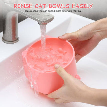 2-Pack Slow Feeder Cat Bowls, Raised Elevated Design with Anti-Slip Base & Ergonomic Neck Relief - Durable Plastic Pet Food Dishes (Pink & Green).