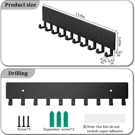Wall Mount Key Holder with 10 Hooks – Key Rack for Entryway, Hallway, Office, Kitchen – Screw Mounted, Durable Key Organizer.