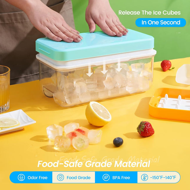 Ice Cube Tray with Lid and Bin, 64 pcs Ice Cubes Molds, Ice Trays for Freezer, Ice Cube Tray Mold, with 2 Trays, Ice Freezer Container, Spill-Resistant Removable Lid & Ice Scoop, for Whiskey,Cocktail.