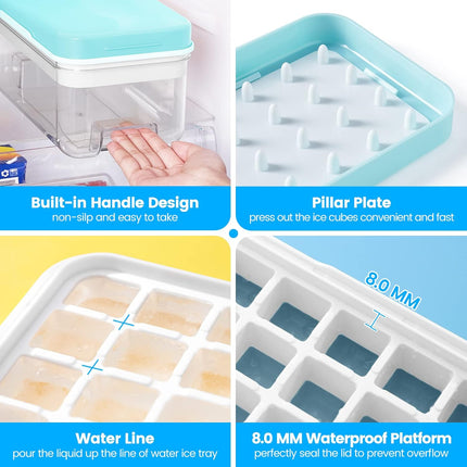 Ice Cube Tray with Lid and Bin, 64 pcs Ice Cubes Molds, Ice Trays for Freezer, Ice Cube Tray Mold, with 2 Trays, Ice Freezer Container, Spill-Resistant Removable Lid & Ice Scoop, for Whiskey,Cocktail.