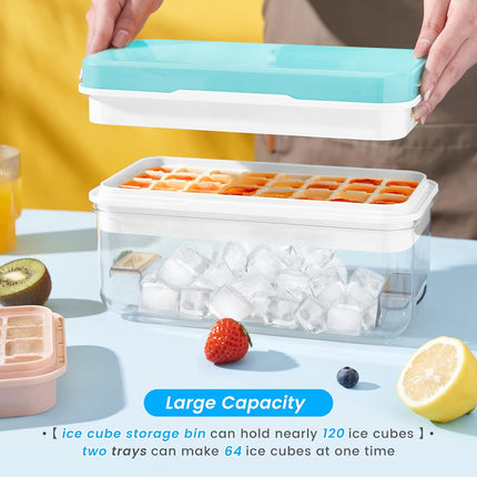 Ice Cube Tray with Lid and Bin, 64 pcs Ice Cubes Molds, Ice Trays for Freezer, Ice Cube Tray Mold, with 2 Trays, Ice Freezer Container, Spill-Resistant Removable Lid & Ice Scoop, for Whiskey,Cocktail.