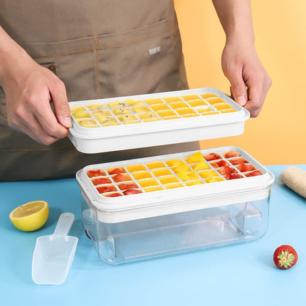 Ice Cube Tray with Lid and Bin, 64 pcs Ice Cubes Molds, Ice Trays for Freezer, Ice Cube Tray Mold, with 2 Trays, Ice Freezer Container, Spill-Resistant Removable Lid & Ice Scoop, for Whiskey,Cocktail.