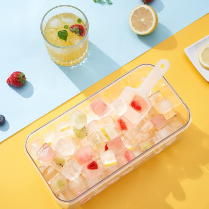 Ice Cube Tray with Lid and Bin, 64 pcs Ice Cubes Molds, Ice Trays for Freezer, Ice Cube Tray Mold, with 2 Trays, Ice Freezer Container, Spill-Resistant Removable Lid & Ice Scoop, for Whiskey,Cocktail.