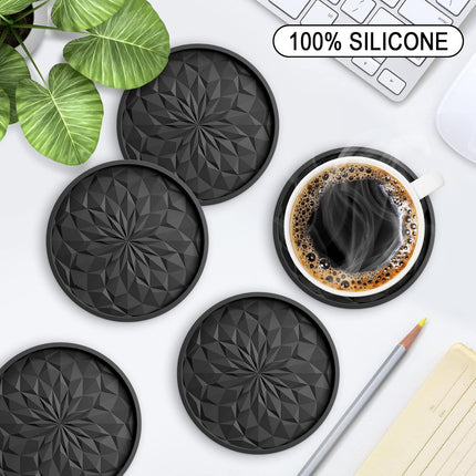 Silicone Coasters [6 Pack] Coasters with Holder - Drinking Coasters - Cup Mat for Drinks - Live for Hot or Cold Drink Thickened, Non-Slip, Non-Stick, Deep Tray Black.