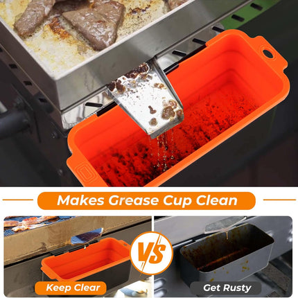 Silicone Grease Cup Liners 2-Pack: Blackstone Griddle Accessories - Reusable Foldable Drip Pan Liners for 17"/28"/36" Blackstone Griddle BBQ Grease Catcher Cup Protection（Orange.